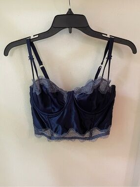Victoria’s Secret | Navy Unlined Silky Corset Bustier Top with Lace Trim
